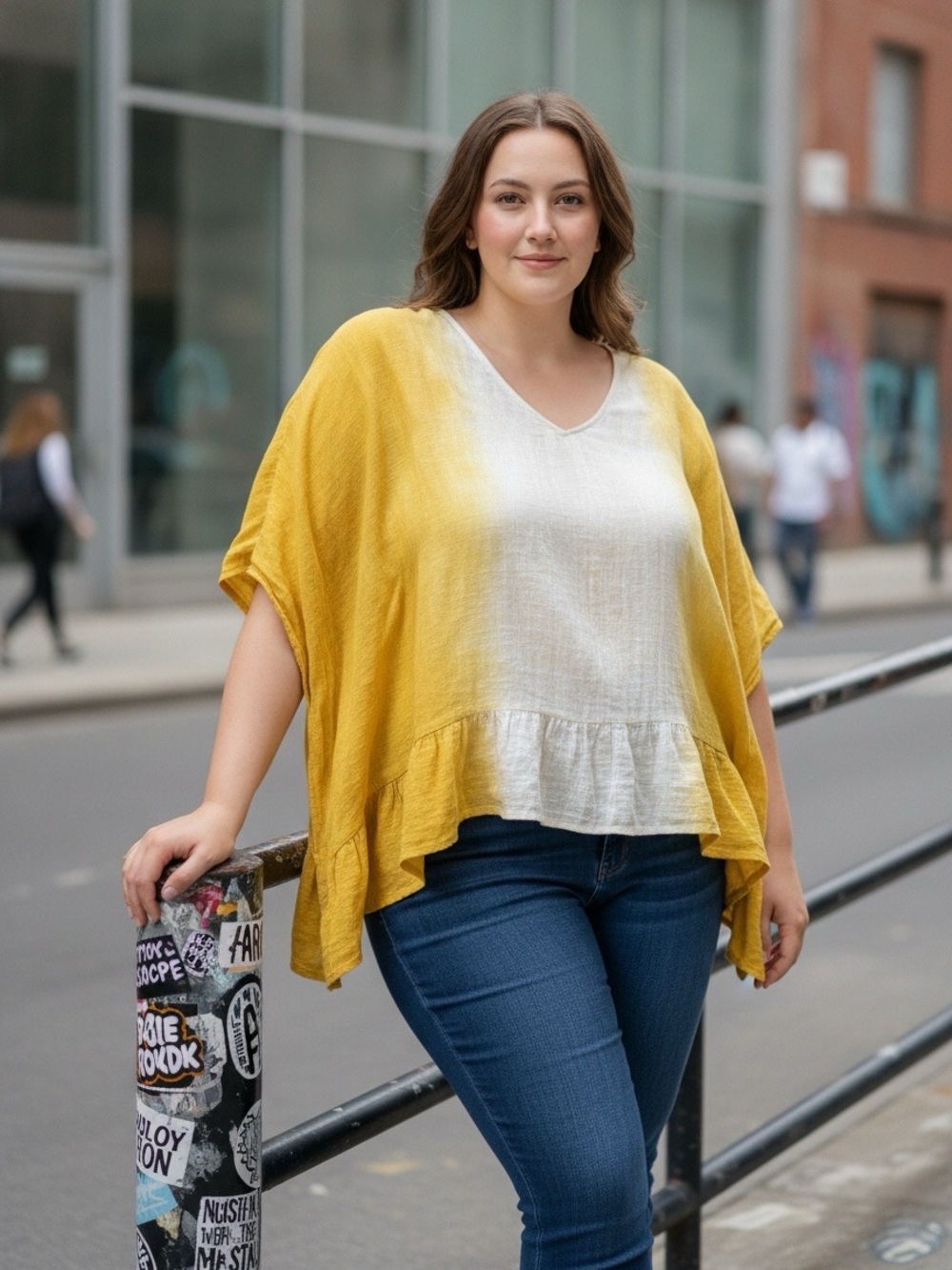 Lane Bryant White and Yellow V-Neck Ruffle Hem Top